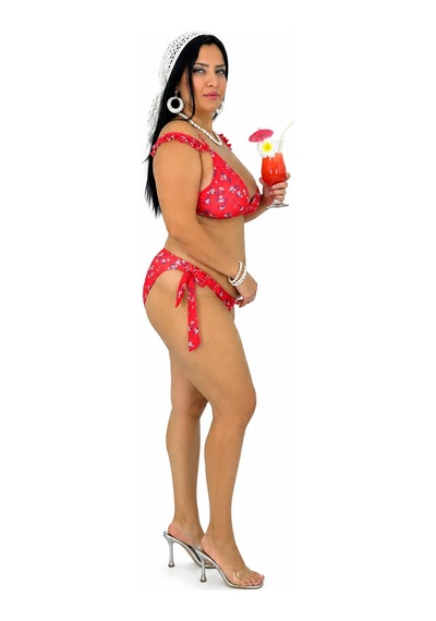 Büyük Beden Desenli Fırfır Askılı Uzun Üçgen Yandan Bağlamalı Kadın Bikini Takım