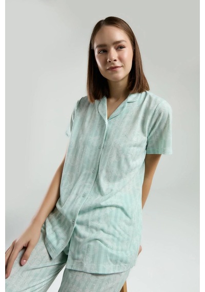 Pierre Cardin Cepli, Gömlek Yaka, Düğmeli, Kısakollu, Kutulu, Yazlık Pijama Takım Mint