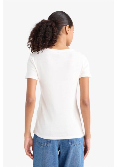 Defacto Slim Fit Dar Kesim V Yaka Basic Düz Ribana Kısa Kollu Tişört I1080az25auer105 Ekru