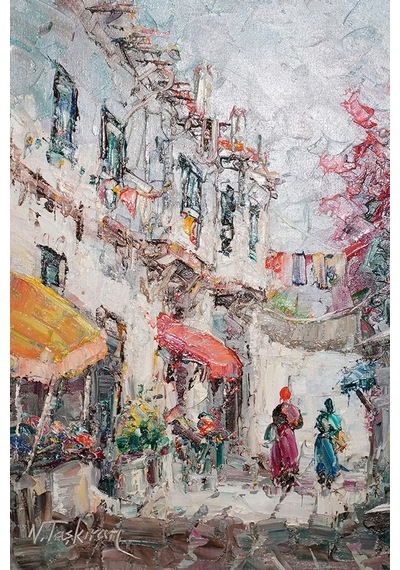 Sarı Tenteli Sokak Ve Yürüyen İki Kadın