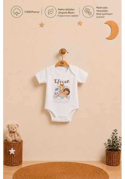Pia Baby İsme Özel Erkek Bebek Kısa Kollu Alttan Çıtçıtlı Body Zıbın %100 Pamuk Organik Baskılı Bebek Body 1044ba9x Ekru