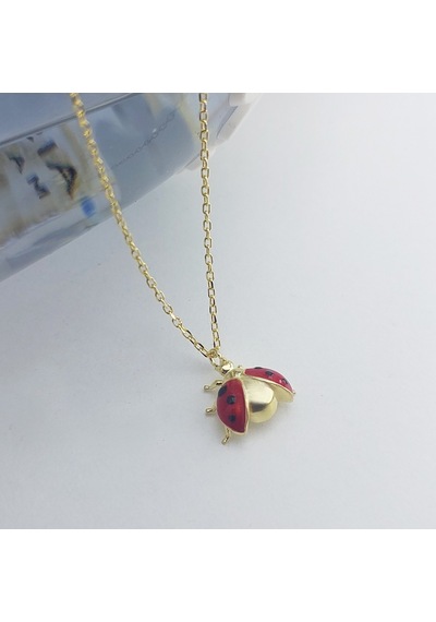925 Ayar Gümüş Kırmızı Mineli Uğur Böceği Kolye Gold