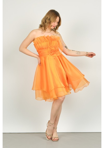Maxra Govana Kadın Straplez Fırfır Detaylı Kısa Abiye Elbise 6377 Turuncu