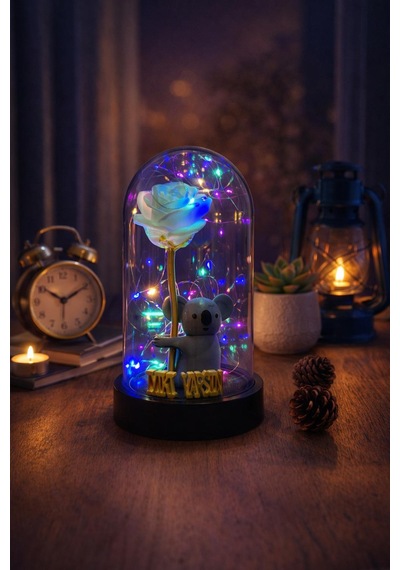 Fanus İçinde Koala Ve Gül Figürlü İyi Ki Varsın Yazılı Peri Led Yıl Dönümü, Doğum Günü Hediyesi Gold Gri