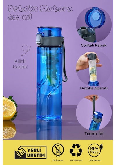 800 Ml Detoks Su Matarası Suluk Pipetli , Bpa Sız, Kilitli Ve Sızdırmaz Kapak - Mavi MAvi