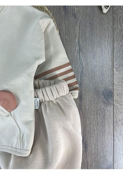 Bebicix Oversize Şerit Detaylı Yumuşak Doku Bereli Erkek Bebek 3'lü Takım Krem