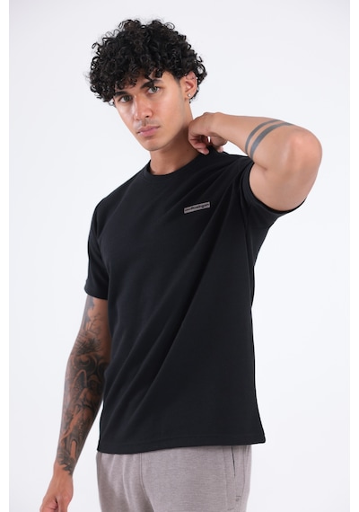 Rowinger Waffle Örgü Dokulu Göğüs Logolu Kolda Mini Cep Detaylı Bisiklet Yaka Erkek Spor T-shirt Siyah