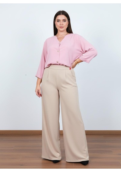 Pera Moda Büyük Beden Gold Düğmeli V Yaka Şık Kadın Gömleği Pembe