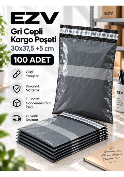 Gri Cepli Kargo Poşeti 30x37,5 +5 Cm 100 Adet