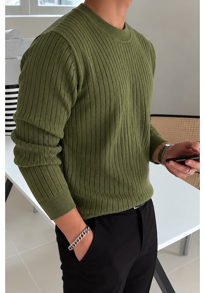 Erkek Bisiklet Yaka Slim Fit Triko Kazak Haki