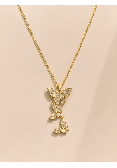 Kelebekli Sallantılı Zirkon Taş Kolye Gold