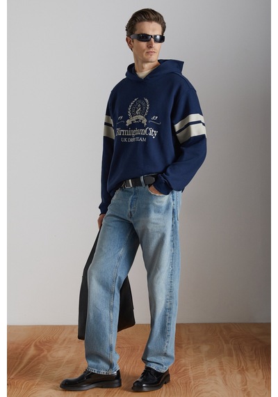 Grimelange Torrey Erkek Örme 3 Iplik Regular Fit Standart Kalıp Baskılı Kapüşonlu Lacivert Sweatshirt