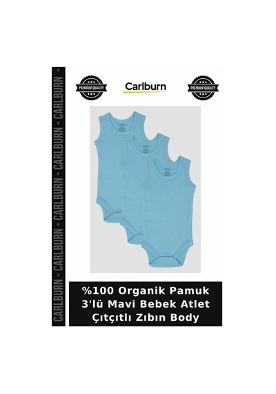 Carlburn Delux Serisi %100 Organik Pamuk 3'lü Mavi Bebek Atlet Çıtçıtlı Zıbın Body Yenidoğan Unisex Desensiz