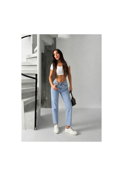 Bluemarlin Buz Kar Ön Arka Taşlı Paça Kesik Mom Denim Pantolon Buz Kar