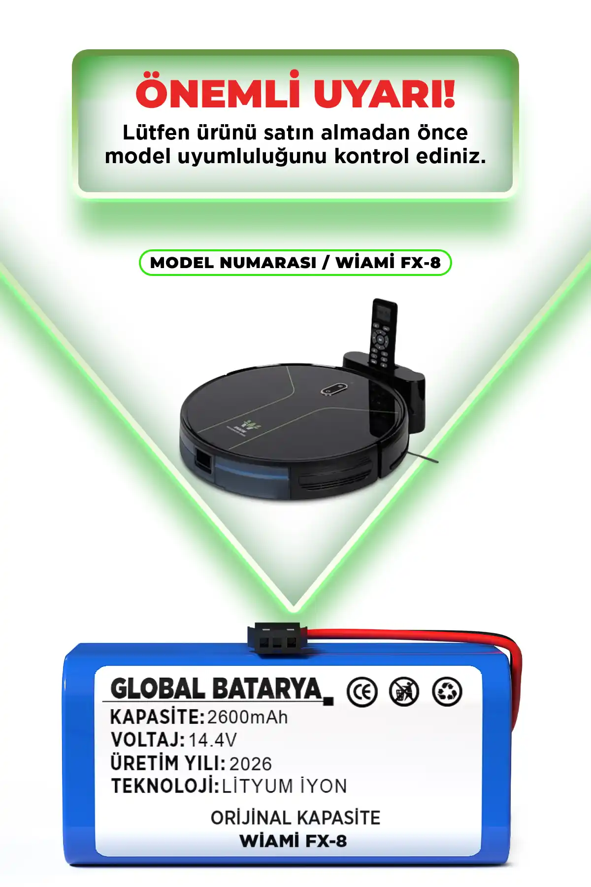 Wiami Fx-8 Uyumlu Akıllı Robot Süpürge Bataryası 14.4v 2600mah Li-ion Pil  Kapasite