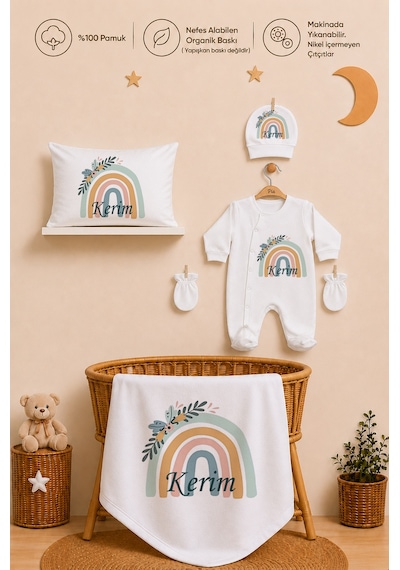 Pia Baby Erkek Bebek Hastane Çıkışı Seti 11 Parça %100 Pamuk Kişiye Özel İsim Baskılı 1074113x Ekru