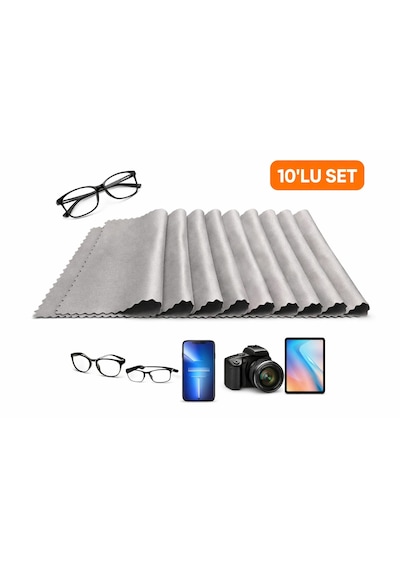 Gri Gözlük Temizleme Bezi, Gri, Mikrofiber, 10'lu Set, Telefon Kamera Tablet Ekran Temizliği İçin