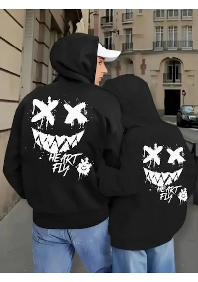 Nevermind Heart Fly Arka Baskı Oversize Hoodie Çift Kombini 3 İplik Kalın Siyah