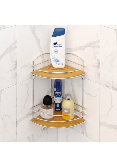 Teknotel Iki Katlı Ahşap Banyo Duş Köşe Rafı Krom Bk074 Krom