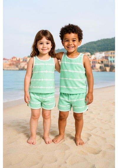 Luess Unisex Çocuk Batik Desenli Havlu Alt Üst Takım - Yeşil 2-3 Yaş 7-8 Yaş Yeşil