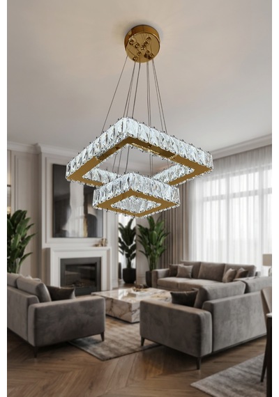 2 Katlı Kare Kristal Modern Sarkıt Led Avize Çok Renkli