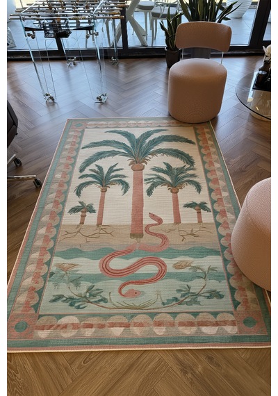 Palm 303 Yeşil Pembe Çok Renkli Halı Palmiyeli Makinada Yıkanabilir Modern Salon Oturma Odası Halısı Pembe Yeşil 3