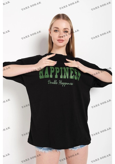 Startmore Kadın Beyaz Happıness Baskılı Oversize Siyah