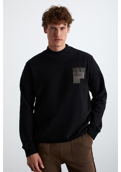Grımelange Chasey Erkek Organik Pamuklu Dik Yaka Içi Polarlı Baskılı Siyah Sweatshirt