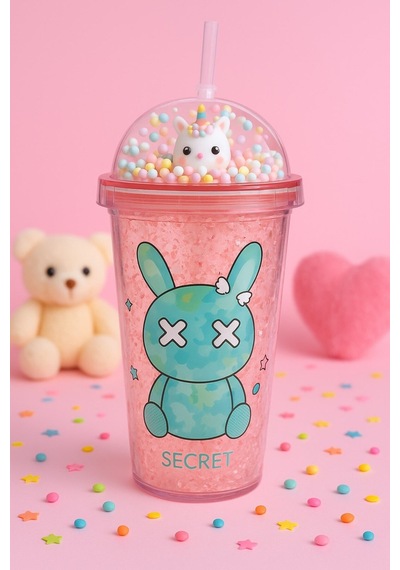 Sevimli Bunny Tavşan Figürlü Renkli Boncuklu Kristal Efektli Tasarım Pipetli Bardak Suluk Pembe 2087 Çok Renkli