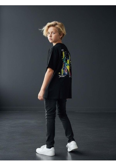 Zekids Erkek Çocuk Pamuklu Sırt Baskılı Kısa Kollu Tasarım T-shirt-16866 SIYAH