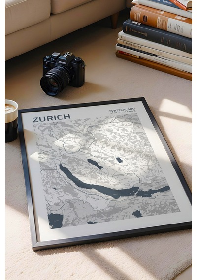 Zürih İsviçre Switzerland Haritası Çerçeveli Tablo Salon Ofis Duvar Dekorasyonu Hediyelik Tablo