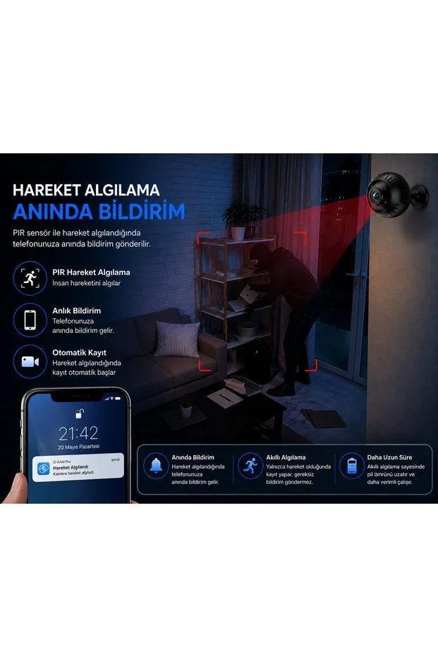 Mini Wi-fi Güvenlik Kamerası 1080p Full Hd Geniş Açı Gece Görüşü Hareket Algılama 64gb Sd Kart Destekli