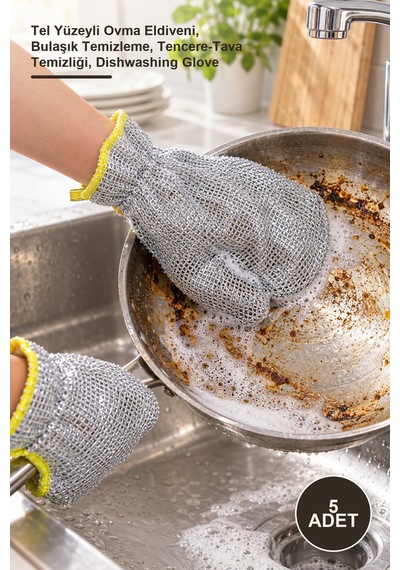 5 Adet Telli Bulaşık Eldiveni Tel Yüzeyli Ovma Eldiveni, Bulaşık Temizleme, Tencere-tava Temizliği, Dishwashing Glove