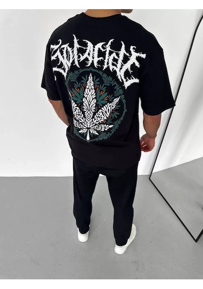Modi Unisex Bisiklet Yaka Baskılı Oversize T-shirt - Siyah - Mymg106752