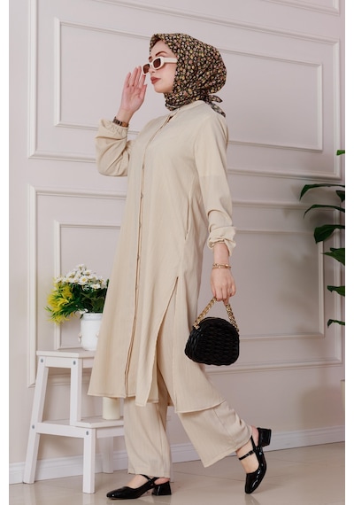 Sevitli Yırtmaç Detaylı Tunik Pantolon Takım-bej-4865