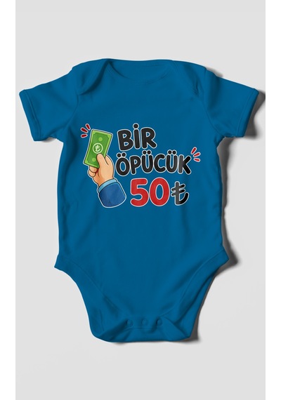 Morivokids Bir Öpücük 50tl Kısa Kollu Bebek Body %100 Pamuk Koyu Mavi