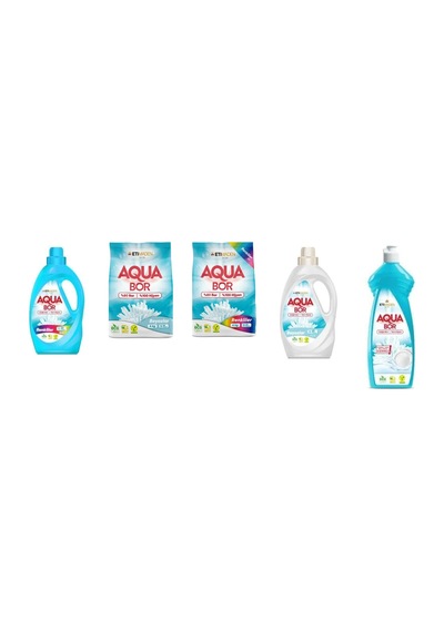 Aquabor Doğal Mineralli Sıvı Renkliler + 4 Kg Beyaz + 4 Kg Renkliler + Sıvı Beyaz + Elde Bulaşık 5 Li Set 0.75 LT - 2.5 LT - 12 KG