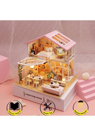Minyatür Ev Yapma Seti Led Işıklı Ahşap Dıy Maket Kendin Yap Balkonlu Ev Modeli Yetişkinl