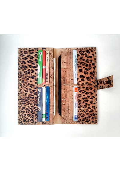 Doğal Vegan Mantar Derisinden Telefon Bölmeli Leopar Desenli Clutch Kadın Cüzdan Leopar
