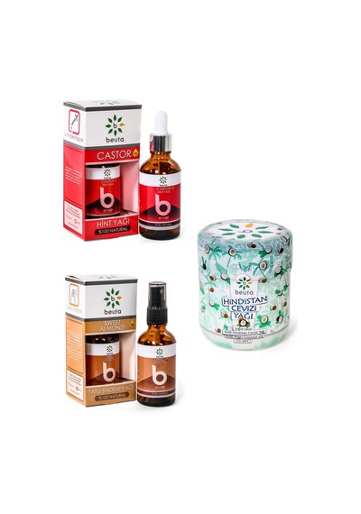 Beuta Doğal Kaş Kirpik Bakım Seti Hint Yağı 50 ML + Tatlı Badem Yağı 50 ML + Hindistan Cevizi Yağı 150 ML