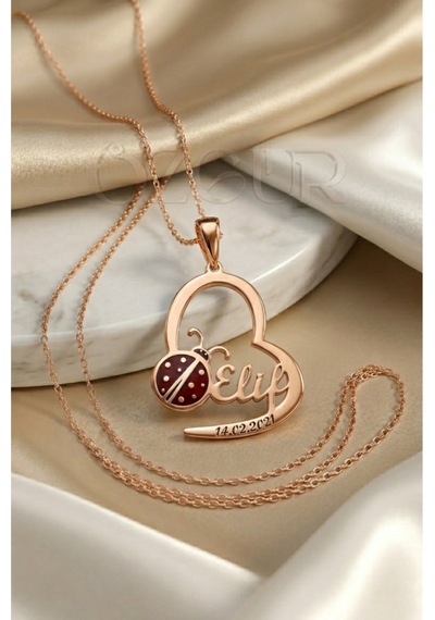 925 Ayar Gümüş Uğur Böcekli Kalpli İsimli Kolye Rose Gold