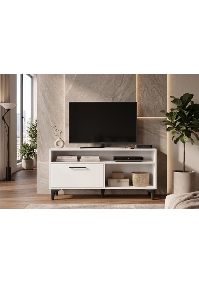 Modern Beyaz Tv Ünitesi 120 Cm - Ayaklı Ve Duvara Monte Edilebilir Çift Yönlü Kullanım