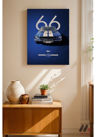 Ford Mustang 1966 Mavi Poster, Çerçevesiz Yüksek Kalite Duvar Afişi - Oto Severlere Özel Hediye