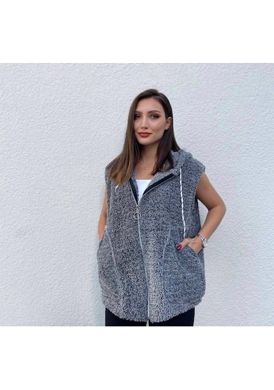 Femina Trendy Kadın Kapüşon Ve Fermuar Detay Welsoft Kolsuz Yelek Gri