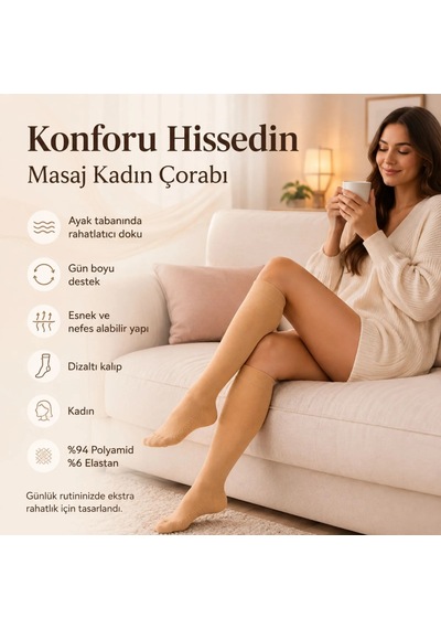Genel Kadın 3'lü Anne Masaj Tabanlı Dizaltı Çorap 80 Denye Esnek Rahat Günlük Kulla Ten / 36-40 / 3 Adet