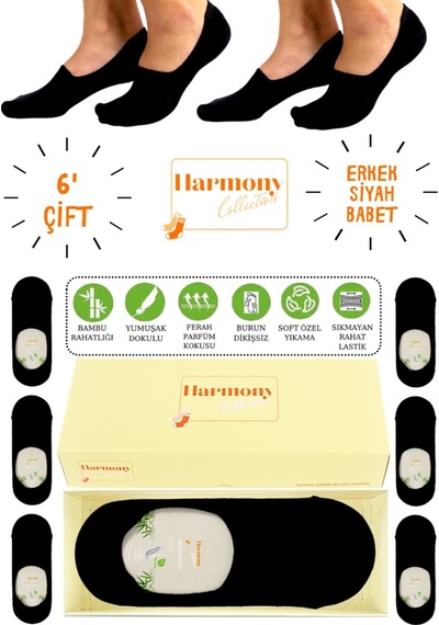Harmony Collectıon Bambu Erkek Beyaz Babet 6 Çift Özel Kutulu, Burun Dikişsiz Ve Silikonlu Kaydırmaz Topuk Premıum Siyah