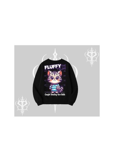 Tarzsokak Fluffy The Feline Yazılı Sevimli Kedi Arka Baskılı Biskilet Sweatshirt Siyah