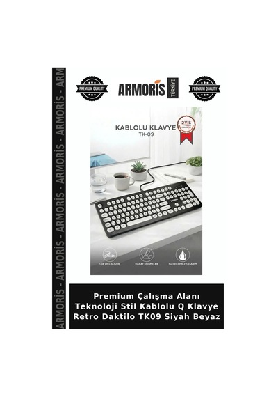 Premium Çalışma Alanı Teknoloji Stil Kablolu Q Klavye Retro Daktilo Tk09 Siyah Beyaz