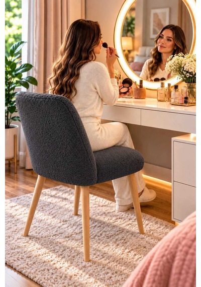 Arya Makyaj Masası Sandalyesi Teddy Kumaş Ahşap Ayaklı Dekoratif Sandalye Mutfak, Salon, Makyaj Pufu Ve Çalışma Sandalyesi Antrasit Arya Makyaj Masası Sandalyesi Teddy Kumaş Ahşap Ayaklı Dekoratif Sandalye Mutfak, Salon, Makyaj Pufu Ve Çalışma Sandalyesi Antrasit