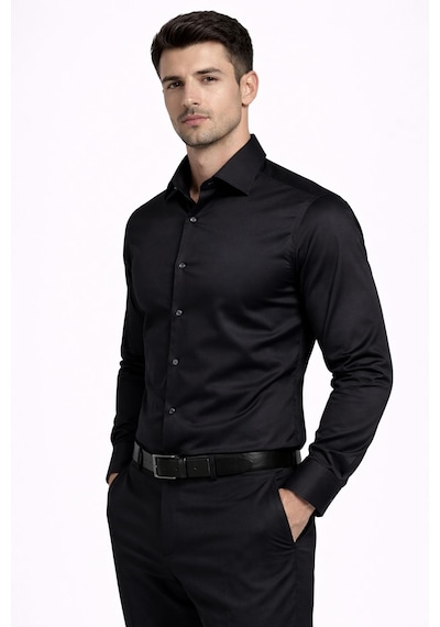 Classics Men Slim Fit Uzun Kollu Kolay Ütü Pamuk Saten Erkek Gömlek Siyah